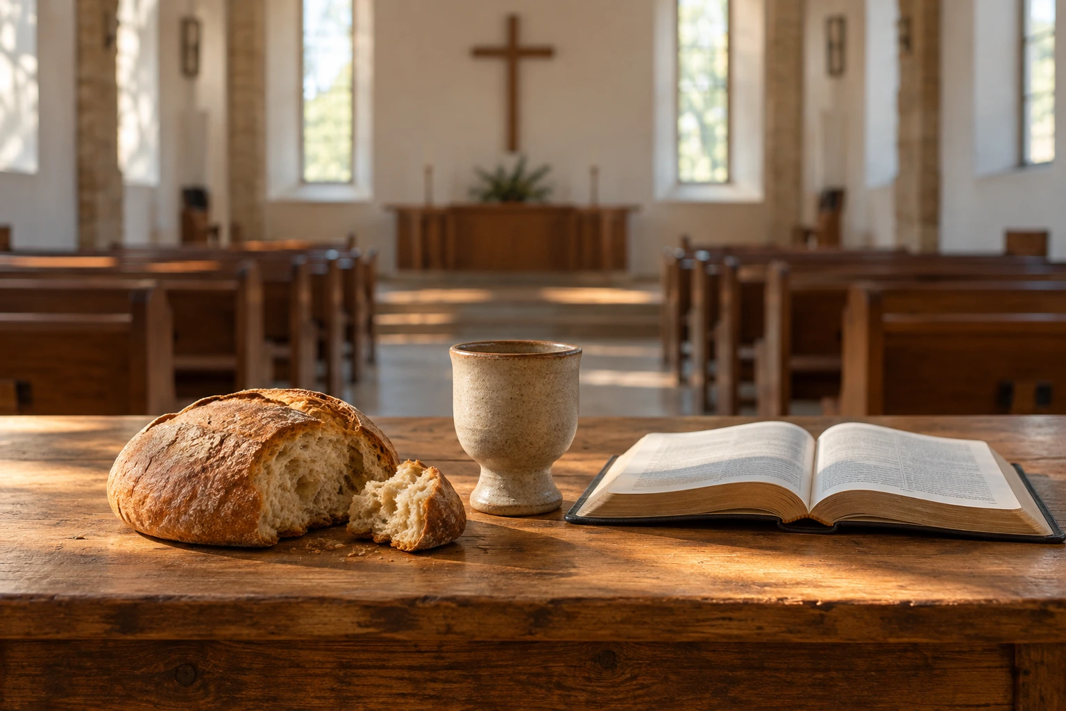 Bread, a plain cup and an open Bible on a church table.