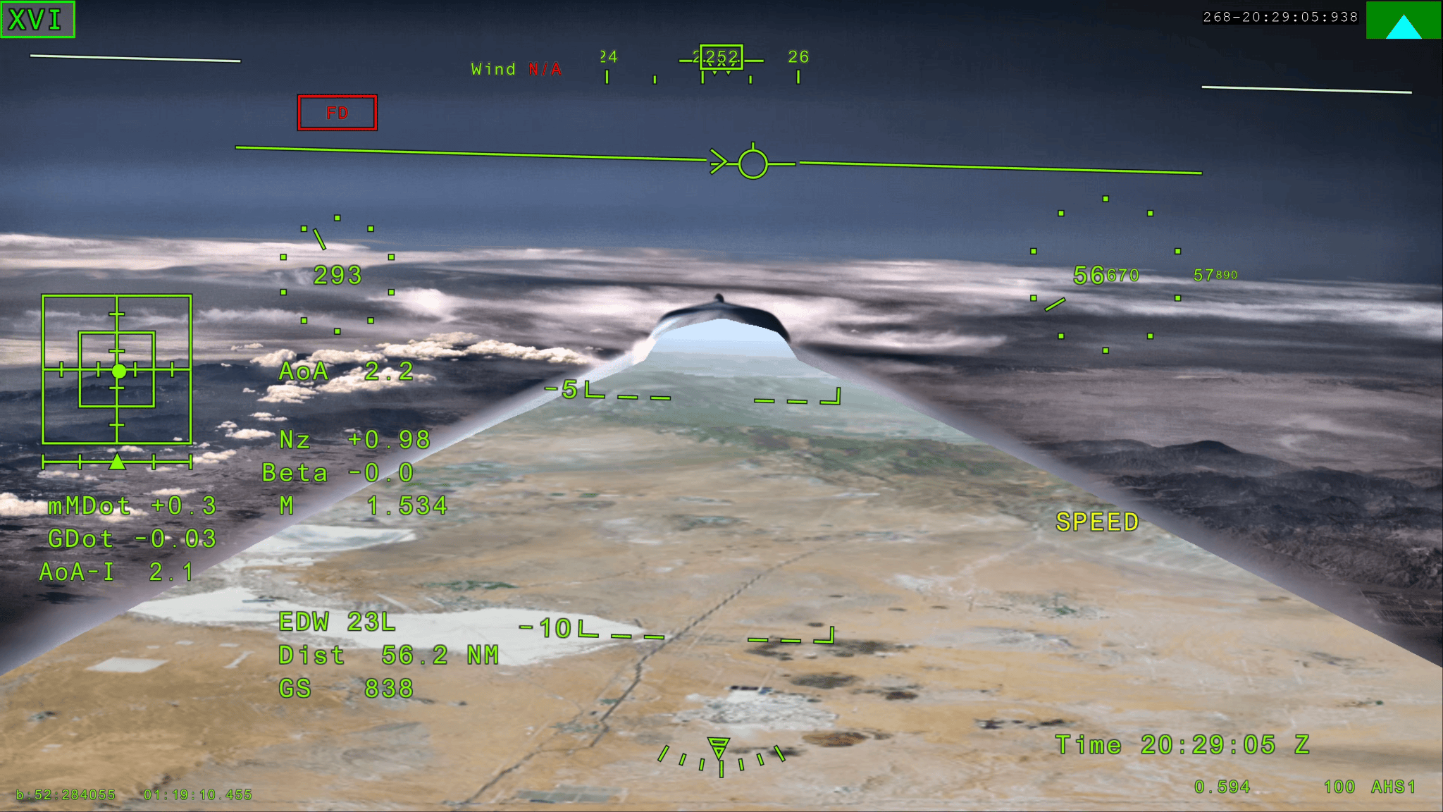NASA X-59 external vision system screen capture showing Mach 1.53.