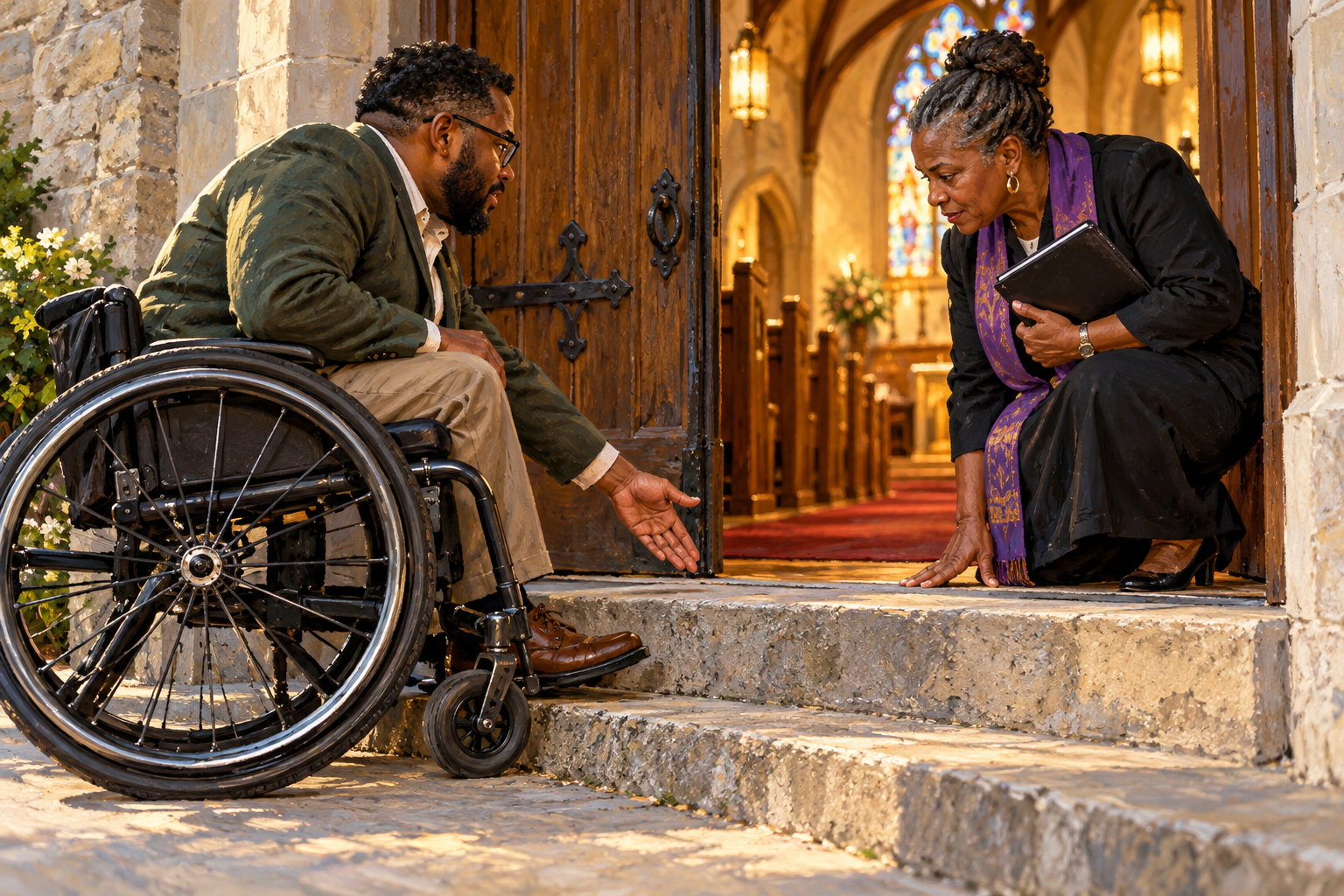 Illustration of a Black wheelchair user and a Black church steward examining a step at a church entrance.