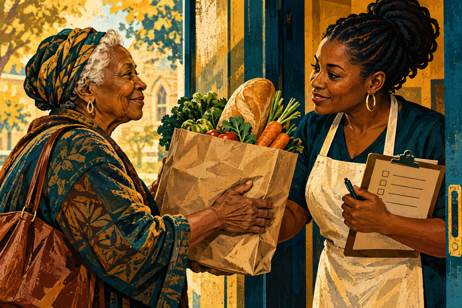 Illustration of an older Black woman receiving groceries while a volunteer attends to her and a distribution checklist.