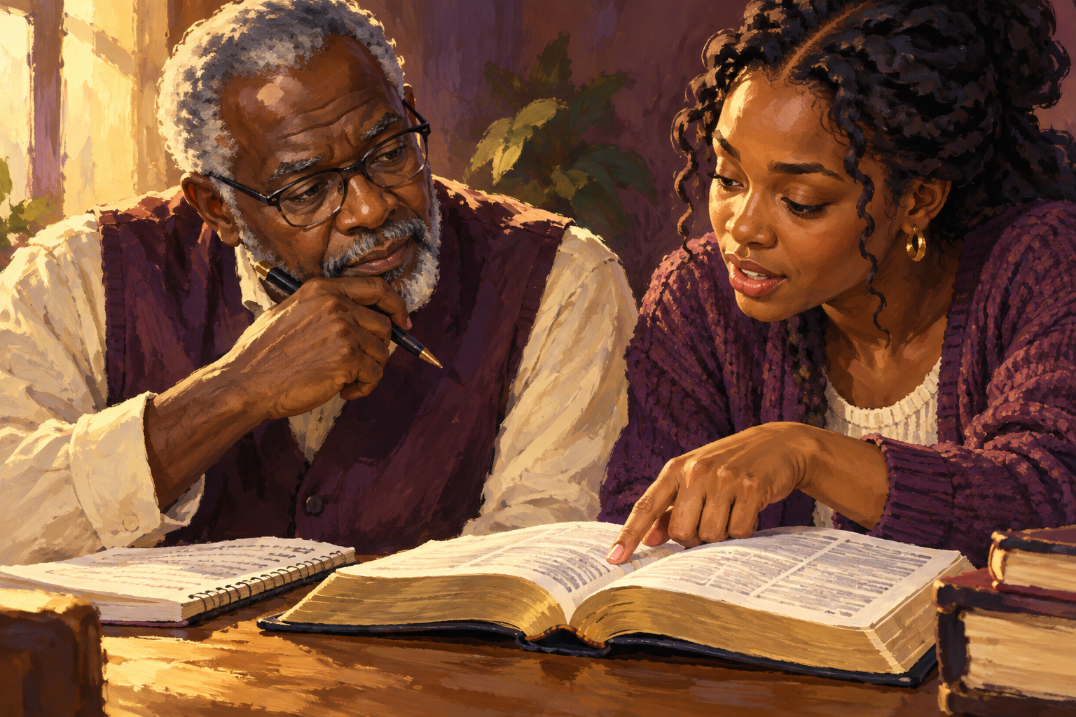 Illustration of an older Black Bible teacher listening as a younger Black woman points to a passage in an open book.