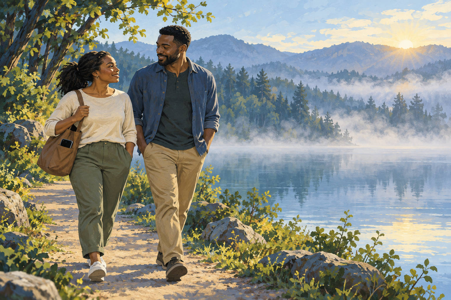 Illustration of a Black couple walking beside a quiet lake, with a phone tucked into a bag.