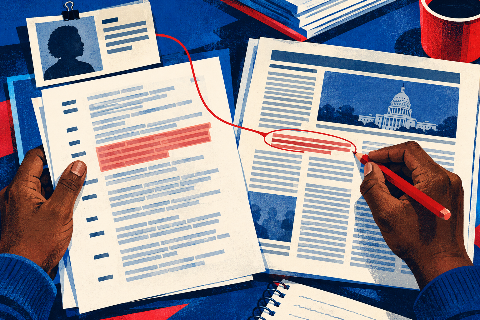 Illustration of hands comparing a transcript with a newspaper proof, connected by a red correction mark.