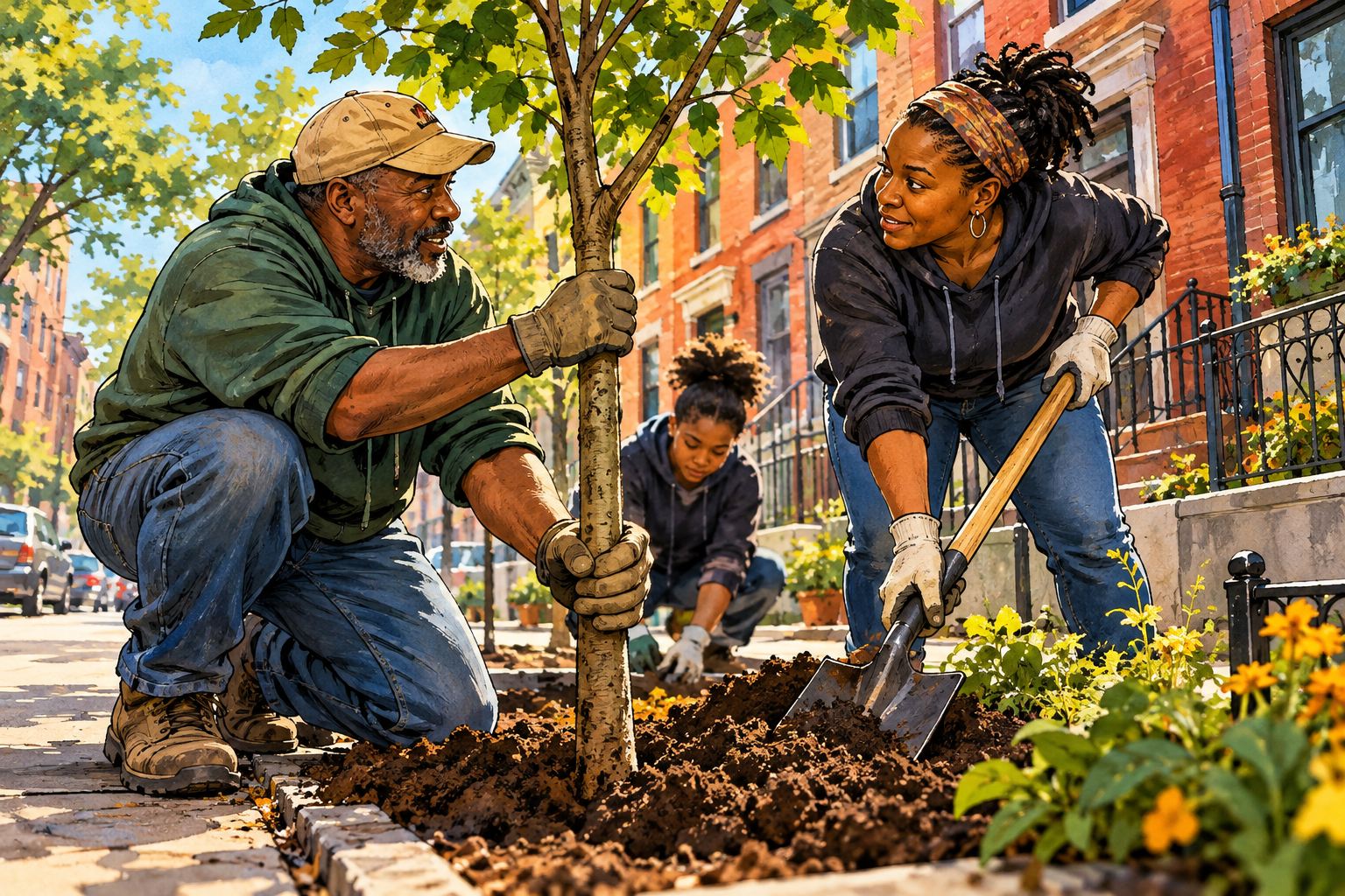 Illustration of Black neighbors planting a street tree together beside brick rowhouses.