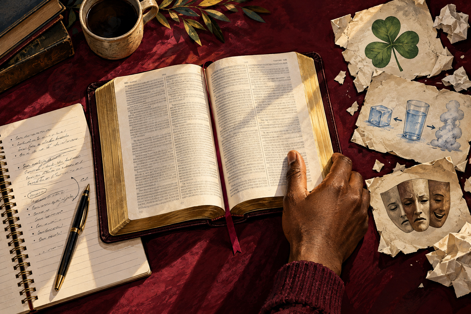 Illustration of an open Bible beside teaching cards showing clover, water states and role masks.