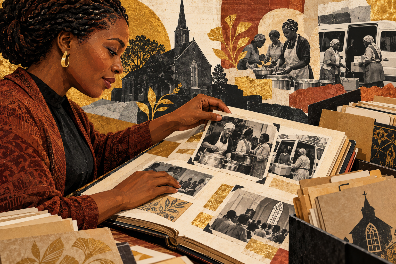 Illustration of a Black woman arranging a church memory album, surrounded by imagined scenes of volunteer work.